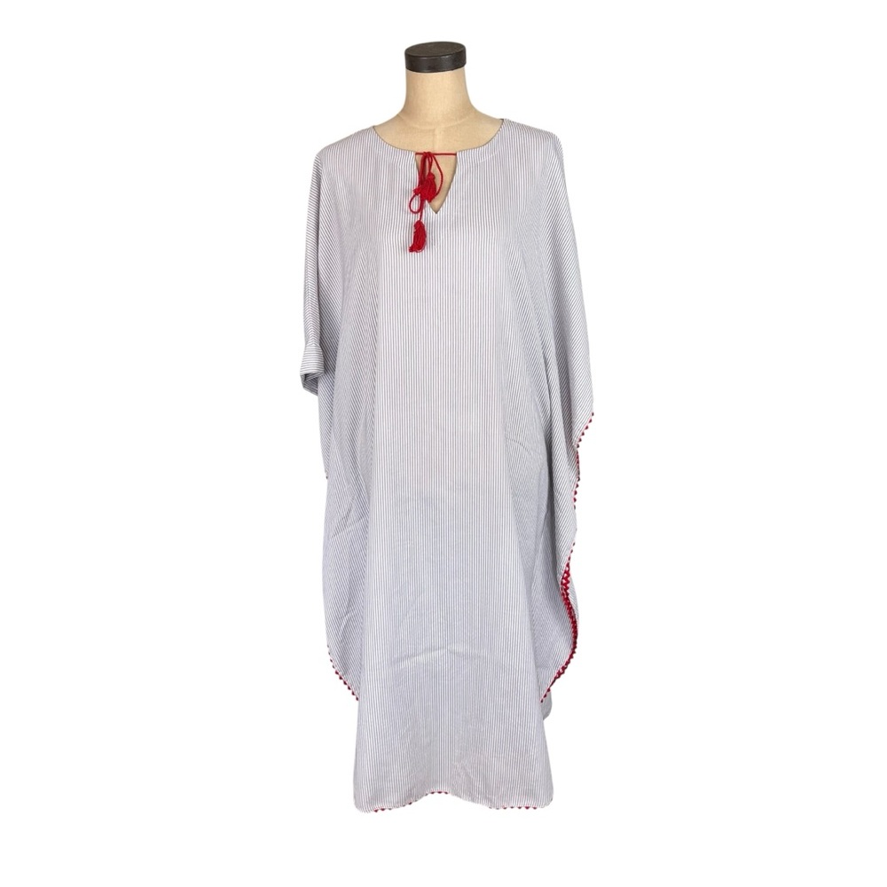 Lime Ricki grey & white pin striped women’s Caftan Red Trim & Tassles